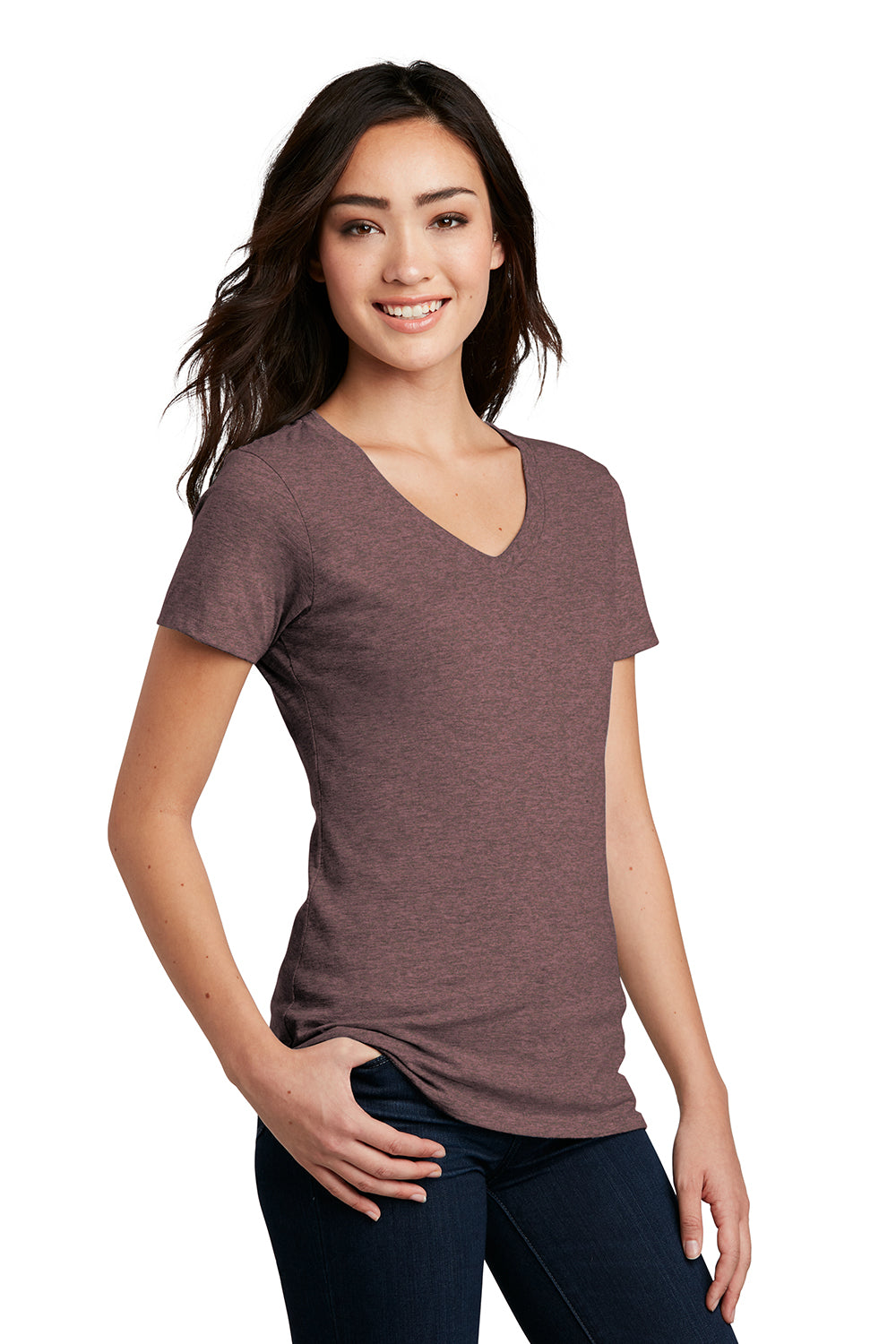 District DM1190L Womens Perfect Blend Short Sleeve V-Neck T-Shirt Rose Fleck Model 3q