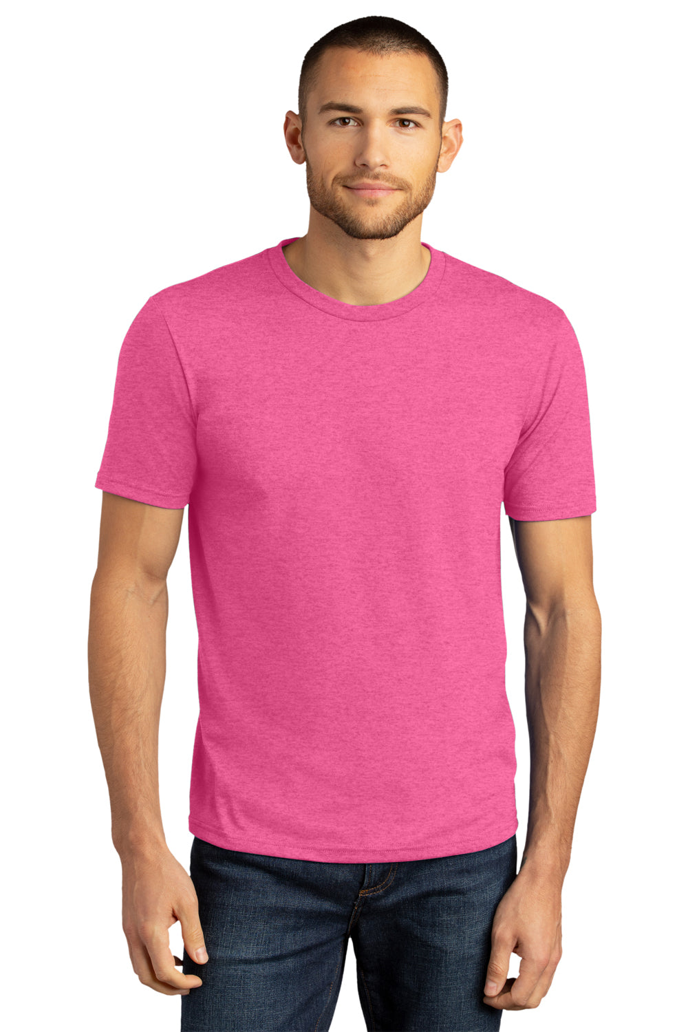 District DM130DTG Mens Perfect DTG Short Sleeve Crewneck T-Shirt Fuchsia Pink Frost Model Front