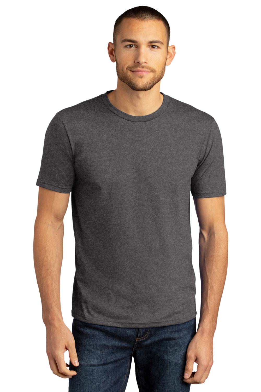 District DM130DTG Mens Perfect DTG Short Sleeve Crewneck T-Shirt Heather Charcoal Grey Model Front