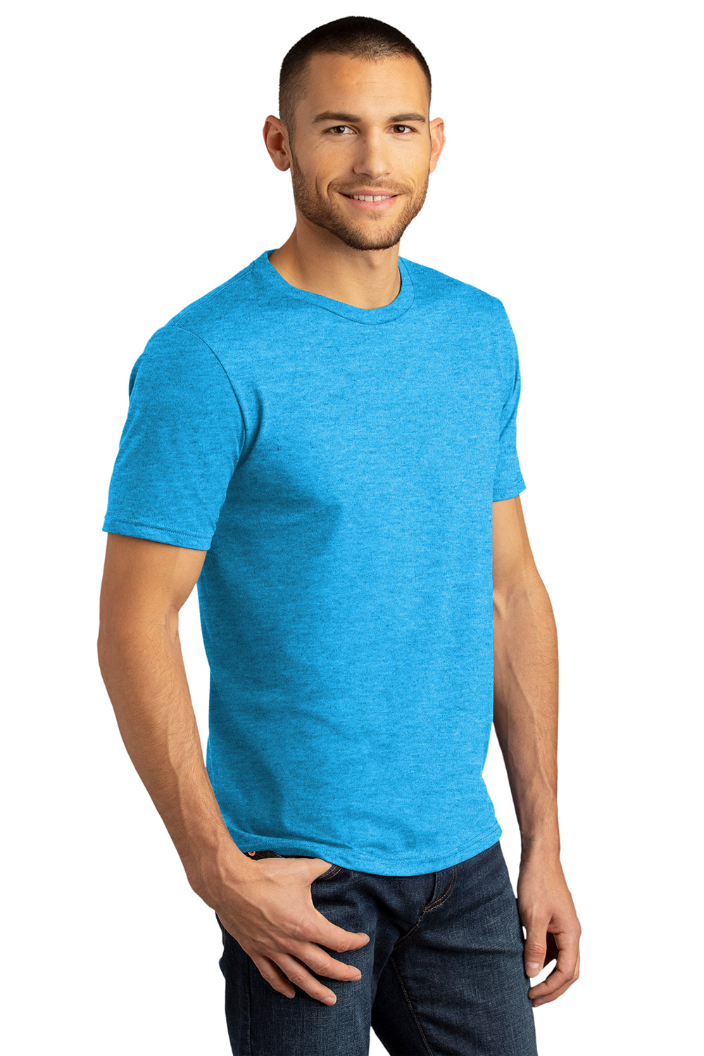 District DM130DTG Mens Perfect DTG Short Sleeve Crewneck T-Shirt Turquoise Blue Frost Model 3q