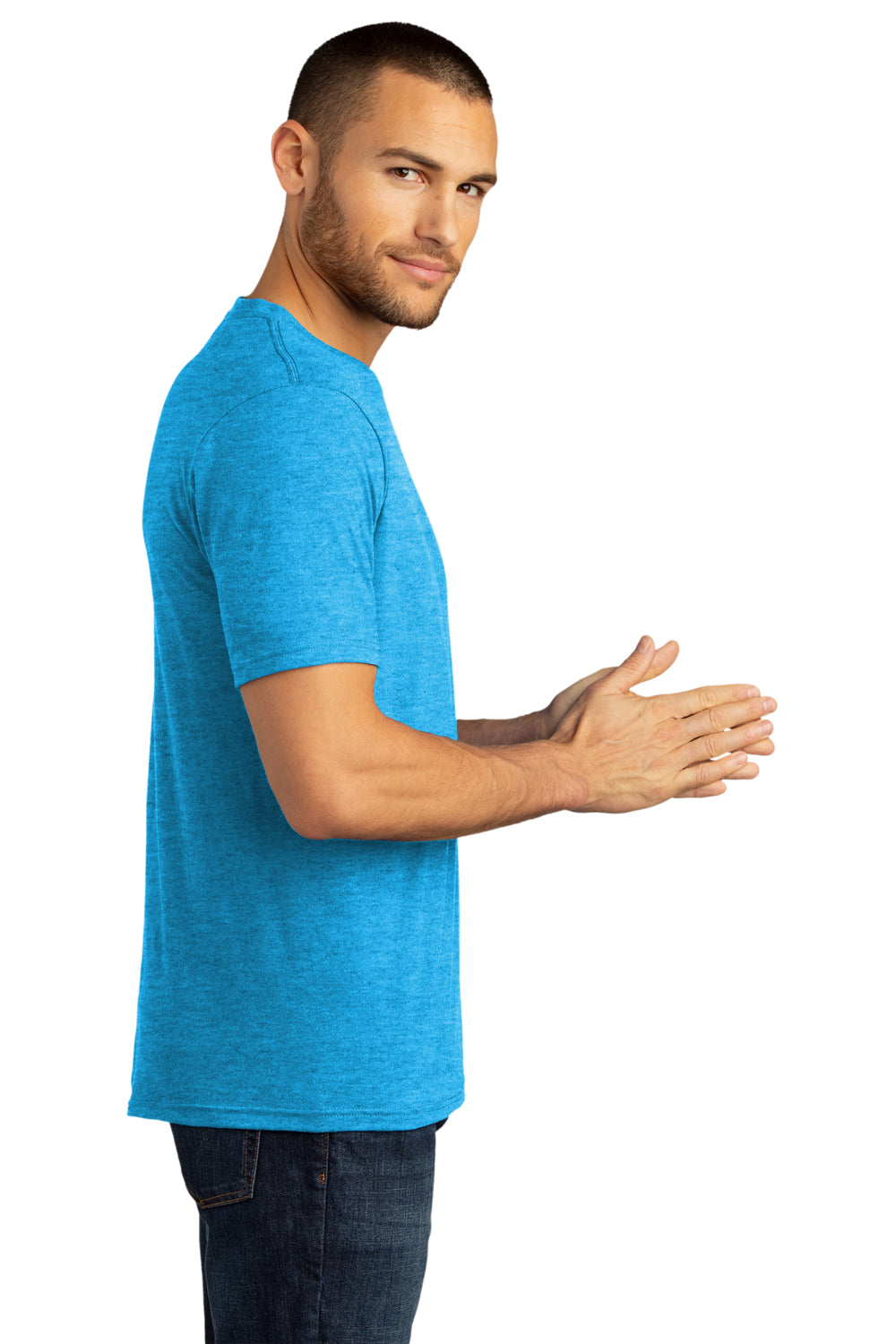 District DM130DTG Mens Perfect DTG Short Sleeve Crewneck T-Shirt Turquoise Blue Frost Model Side