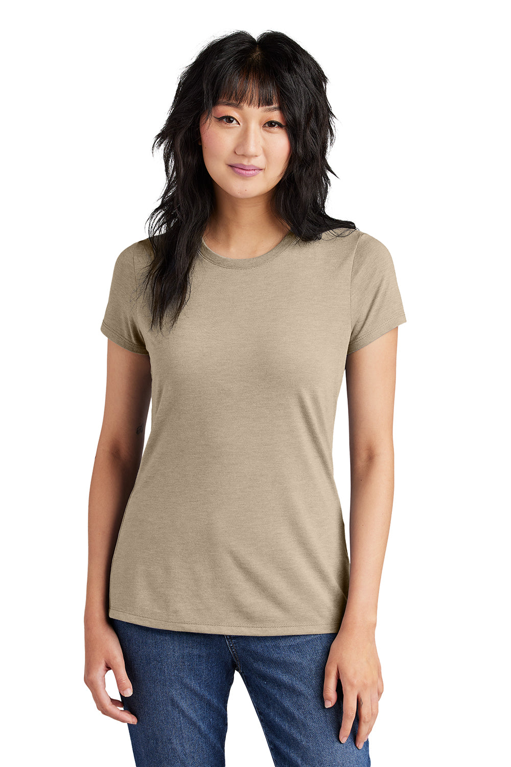 District DM130L Womens Perfect Tri Short Sleeve Crewneck T-Shirt Heather Desert Tan Model Front