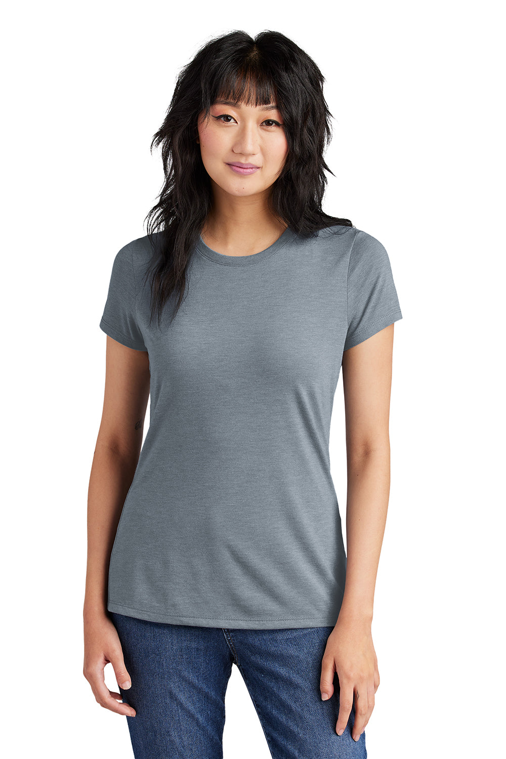 District DM130L Womens Perfect Tri Short Sleeve Crewneck T-Shirt Heather Flint Blue Model Front