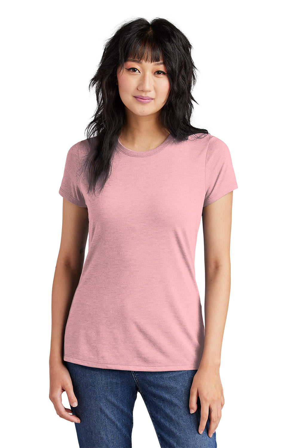 District DM130L Womens Perfect Tri Short Sleeve Crewneck T-Shirt Heather Wisteria Pink Model Front