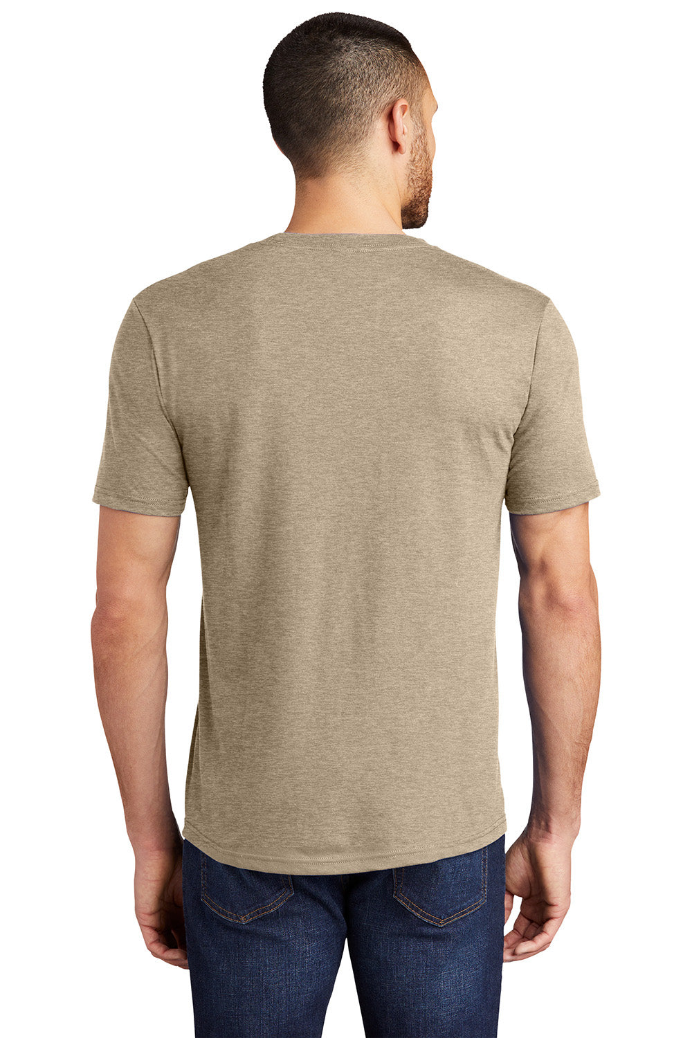 District DM130 Mens Perfect Tri Short Sleeve Crewneck T-Shirt Heather Desert Tan Model Back