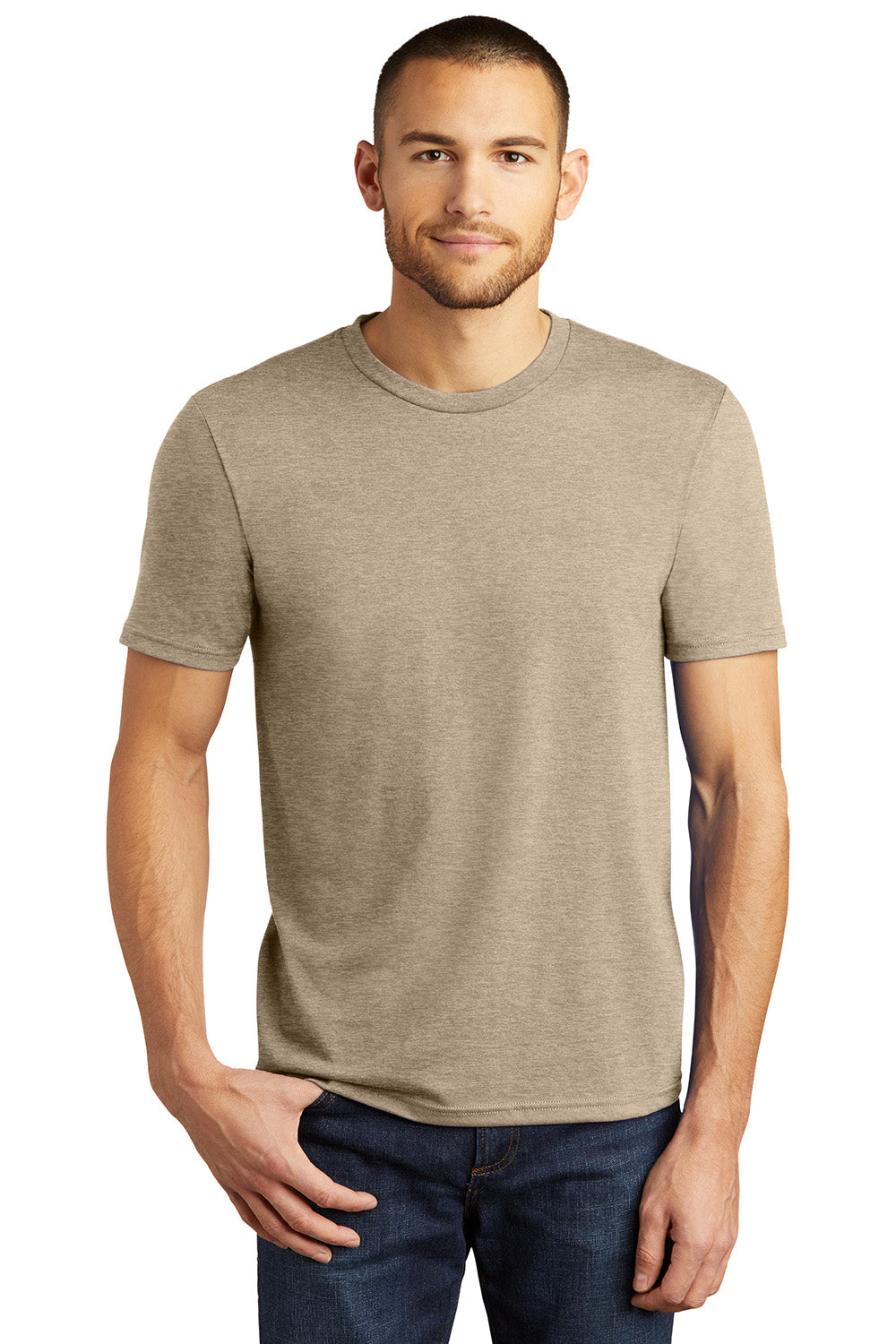 District DM130 Mens Perfect Tri Short Sleeve Crewneck T-Shirt Heather Desert Tan Model Front