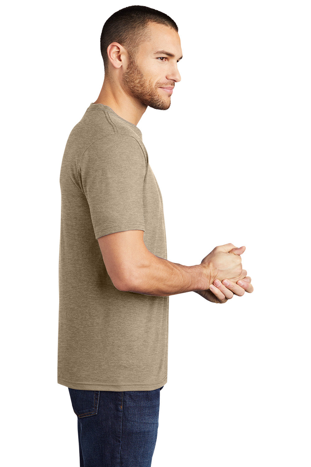 District DM130 Mens Perfect Tri Short Sleeve Crewneck T-Shirt Heather Desert Tan Model Side