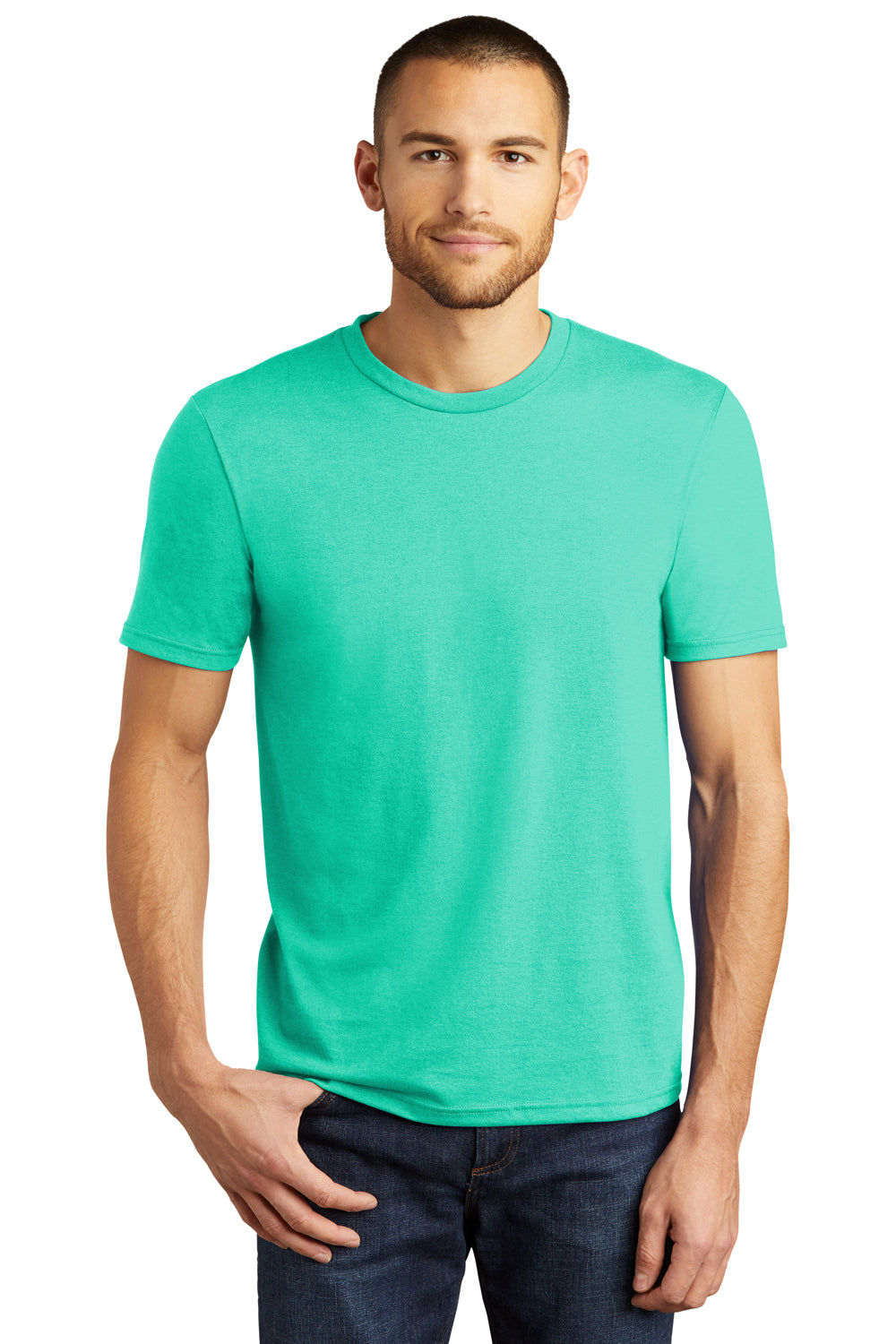 District DM130 Mens Perfect Tri Short Sleeve Crewneck T-Shirt Heather Aqua Blue Model Front