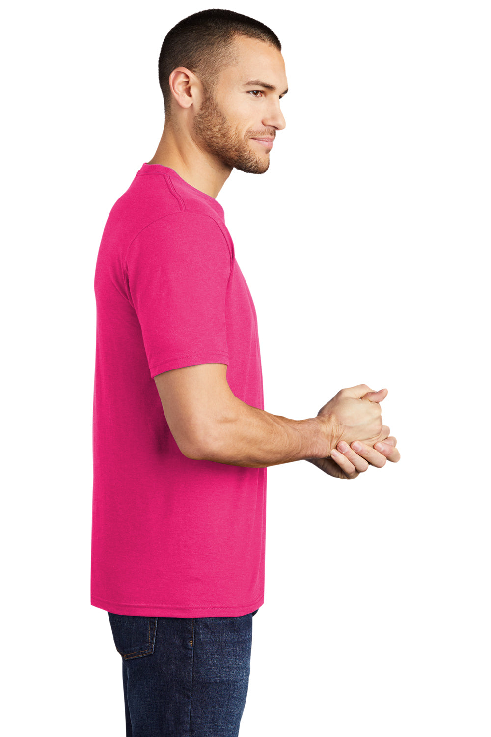 District DM130 Mens Perfect Tri Short Sleeve Crewneck T-Shirt Fuchsia Pink Frost Model Side