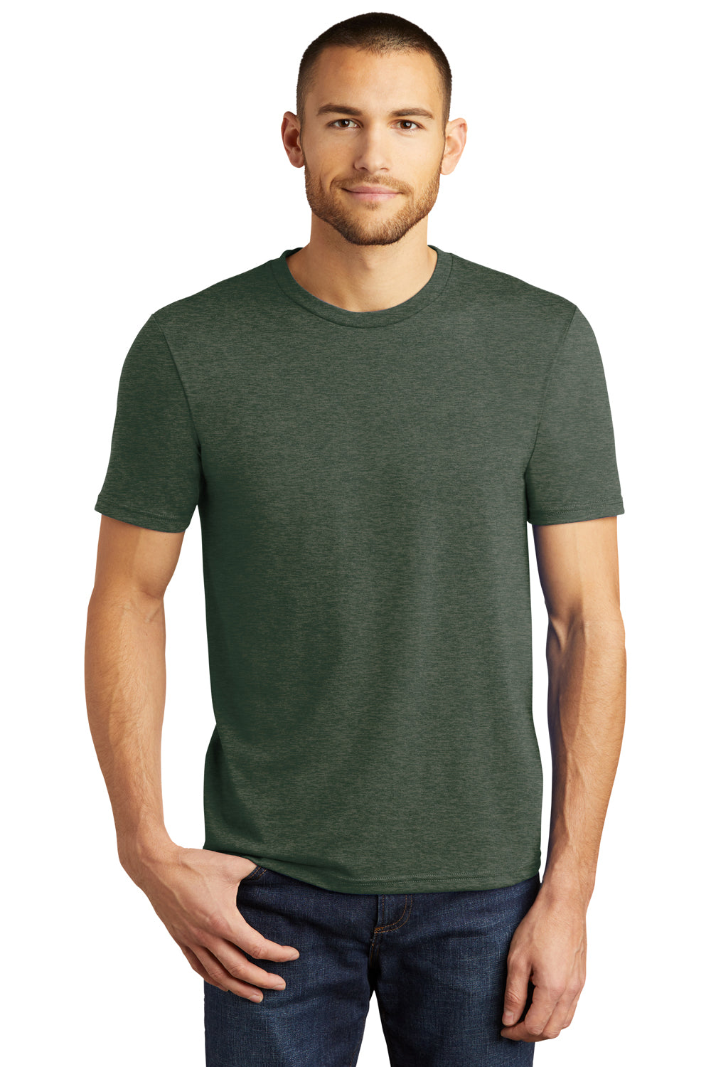 District DM130 Mens Perfect Tri Short Sleeve Crewneck T-Shirt Heather Forest Green Model Front