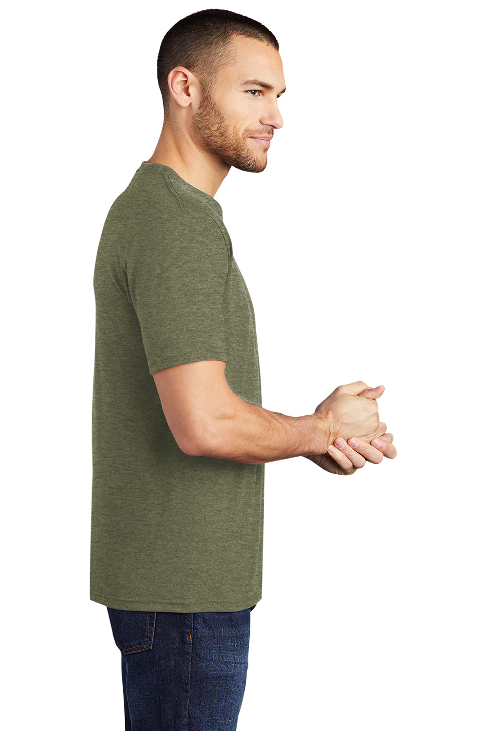 District DM130 Mens Perfect Tri Short Sleeve Crewneck T-Shirt Military Green Frost Model Side