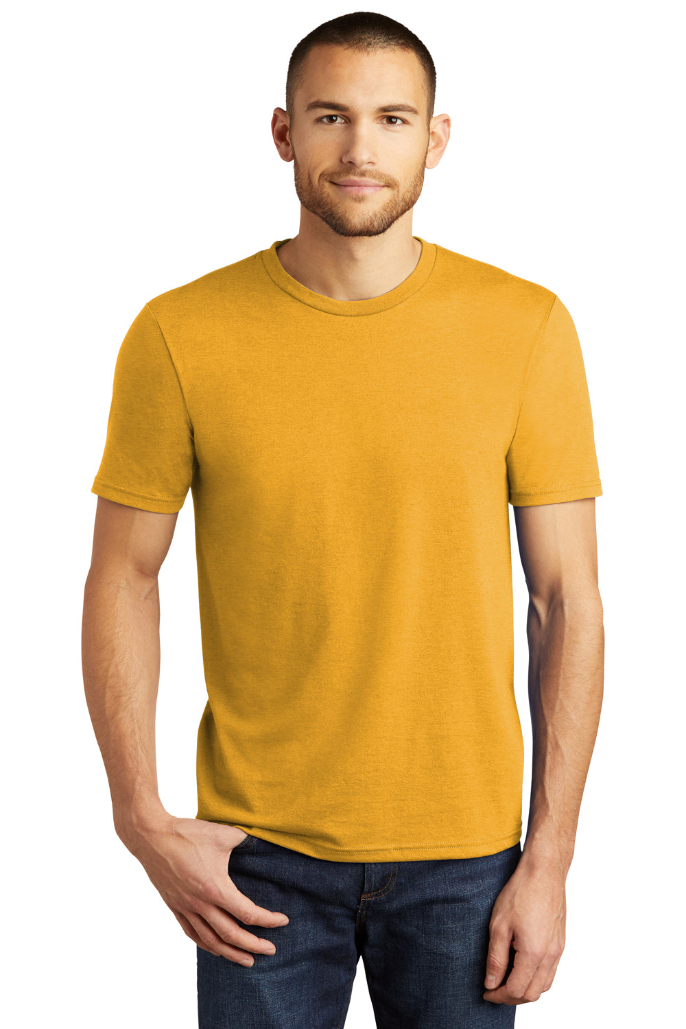 District DM130 Mens Perfect Tri Short Sleeve Crewneck T-Shirt Heather Ochre Yellow Model Front