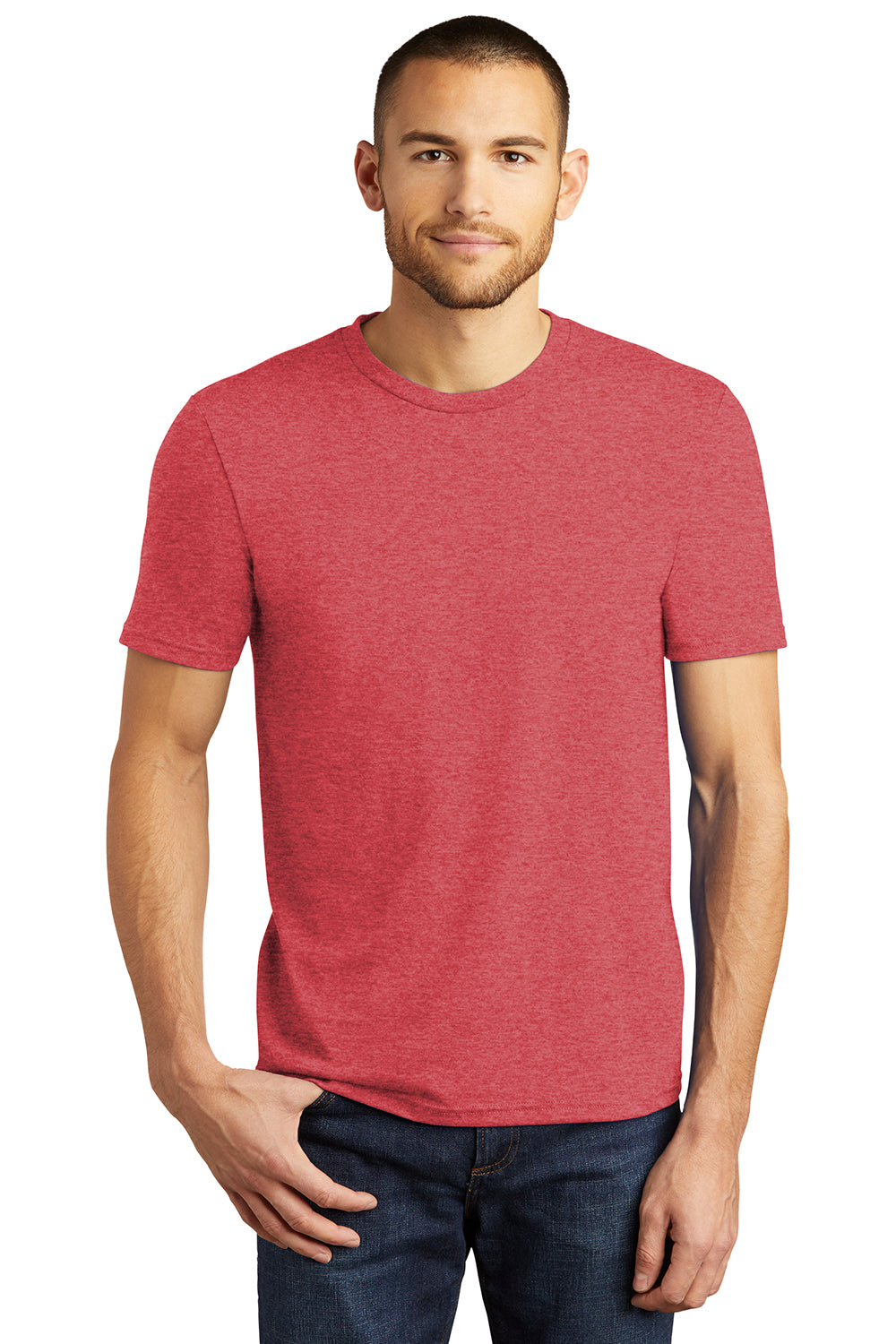 District DM130 Mens Perfect Tri Short Sleeve Crewneck T-Shirt Red Frost Model Front