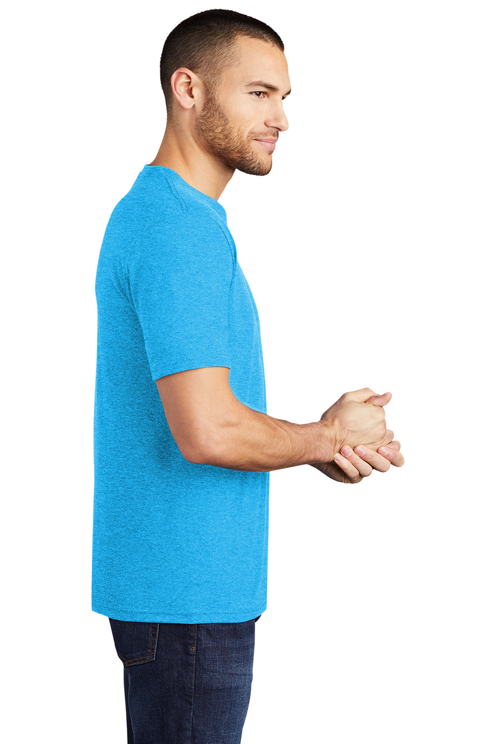 District DM130 Mens Perfect Tri Short Sleeve Crewneck T-Shirt Turquoise Blue Frost Model Side