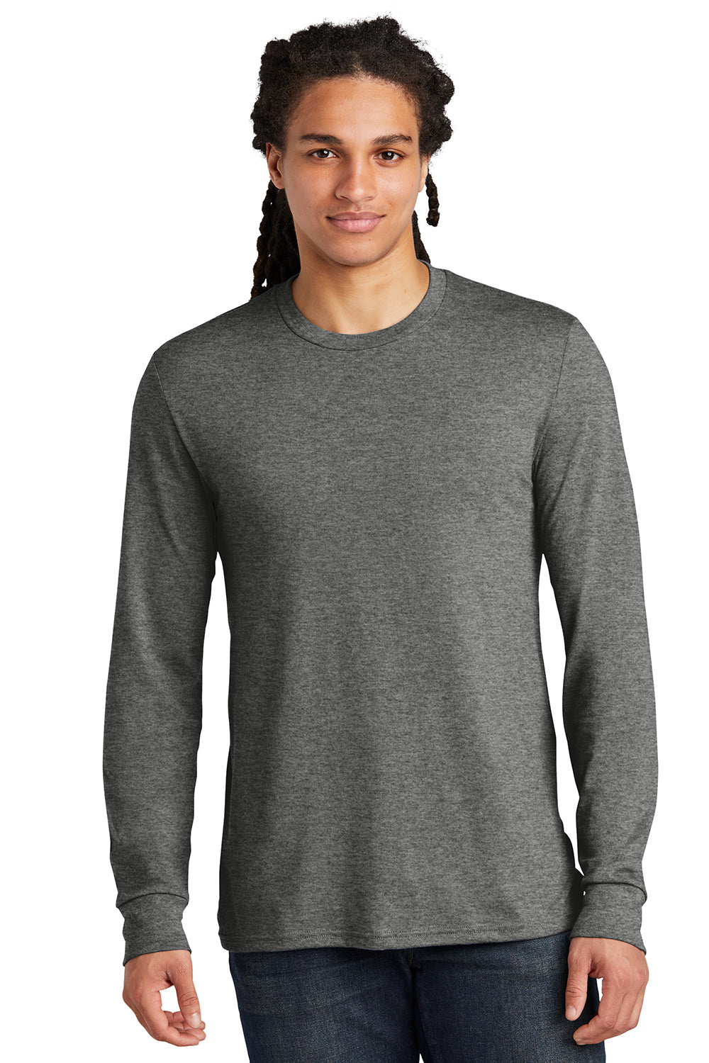 District DM132 Mens Perfect Tri Long Sleeve Crewneck T-Shirt Grey Frost Model Front