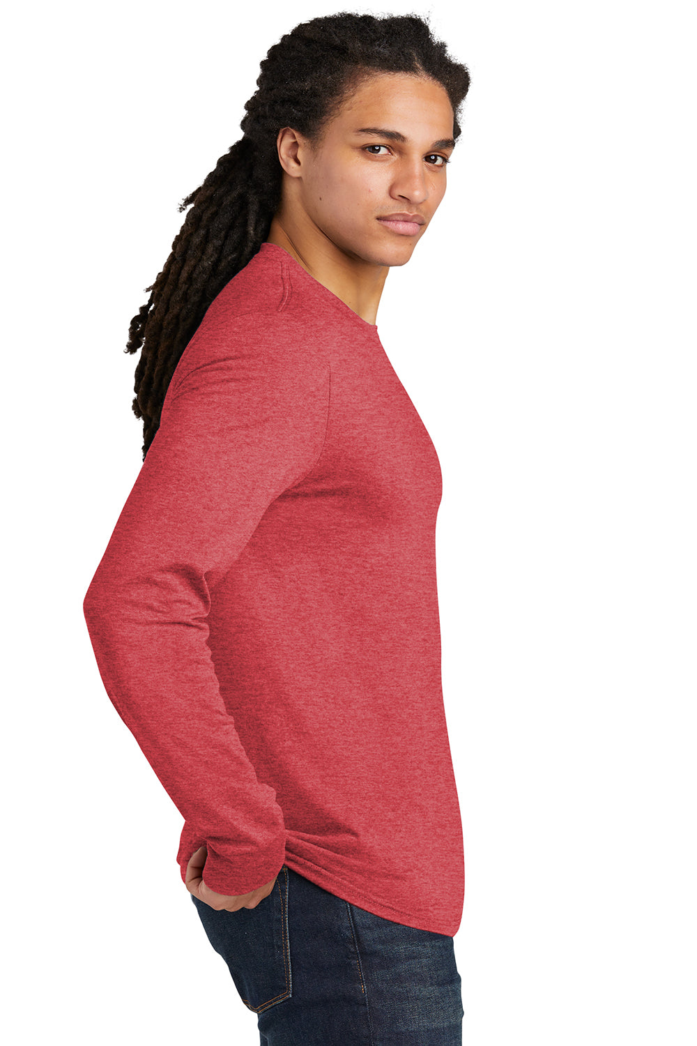 District DM132 Mens Perfect Tri Long Sleeve Crewneck T-Shirt Red Frost Model Side