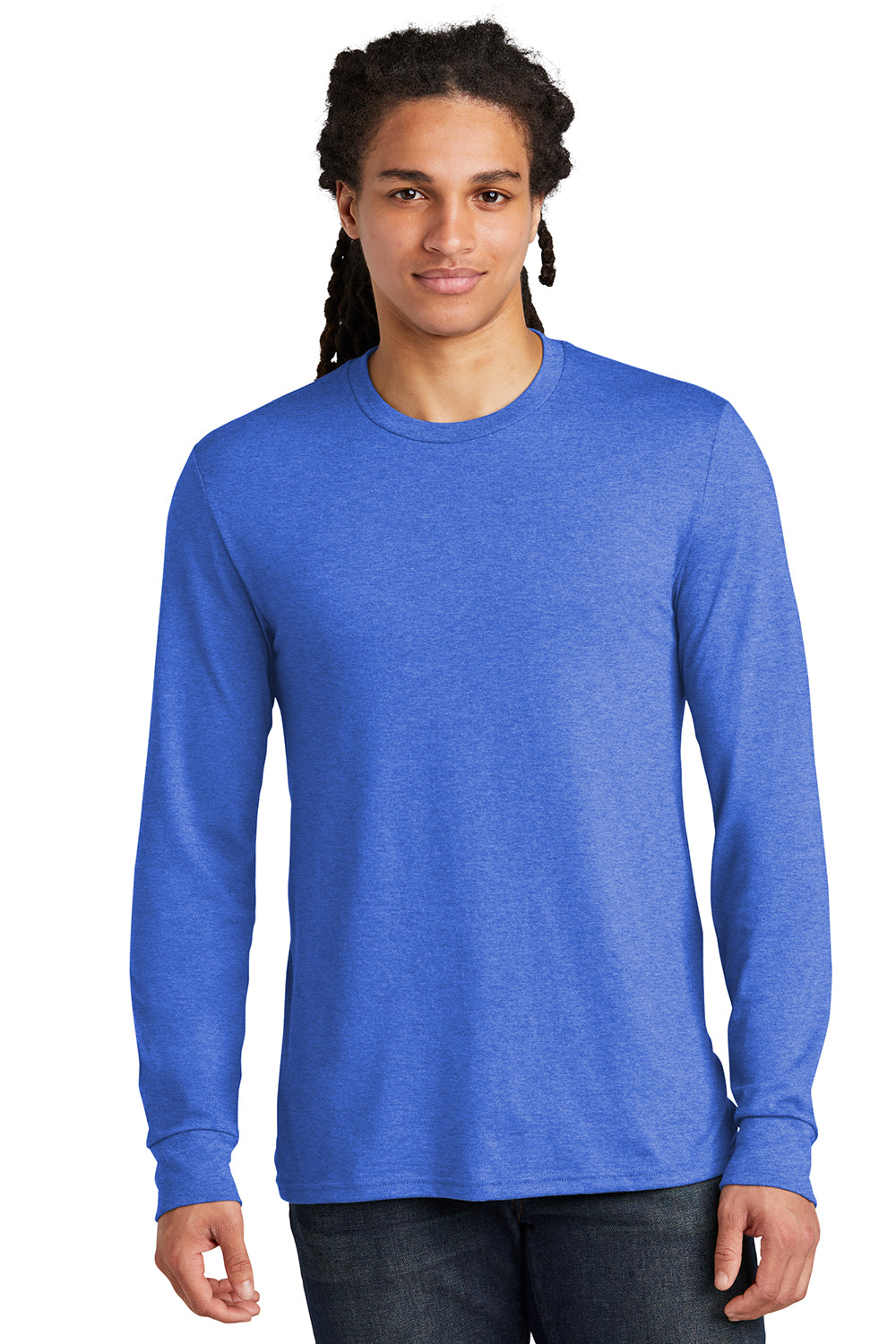 District DM132 Mens Perfect Tri Long Sleeve Crewneck T-Shirt Royal Blue Frost Model Front