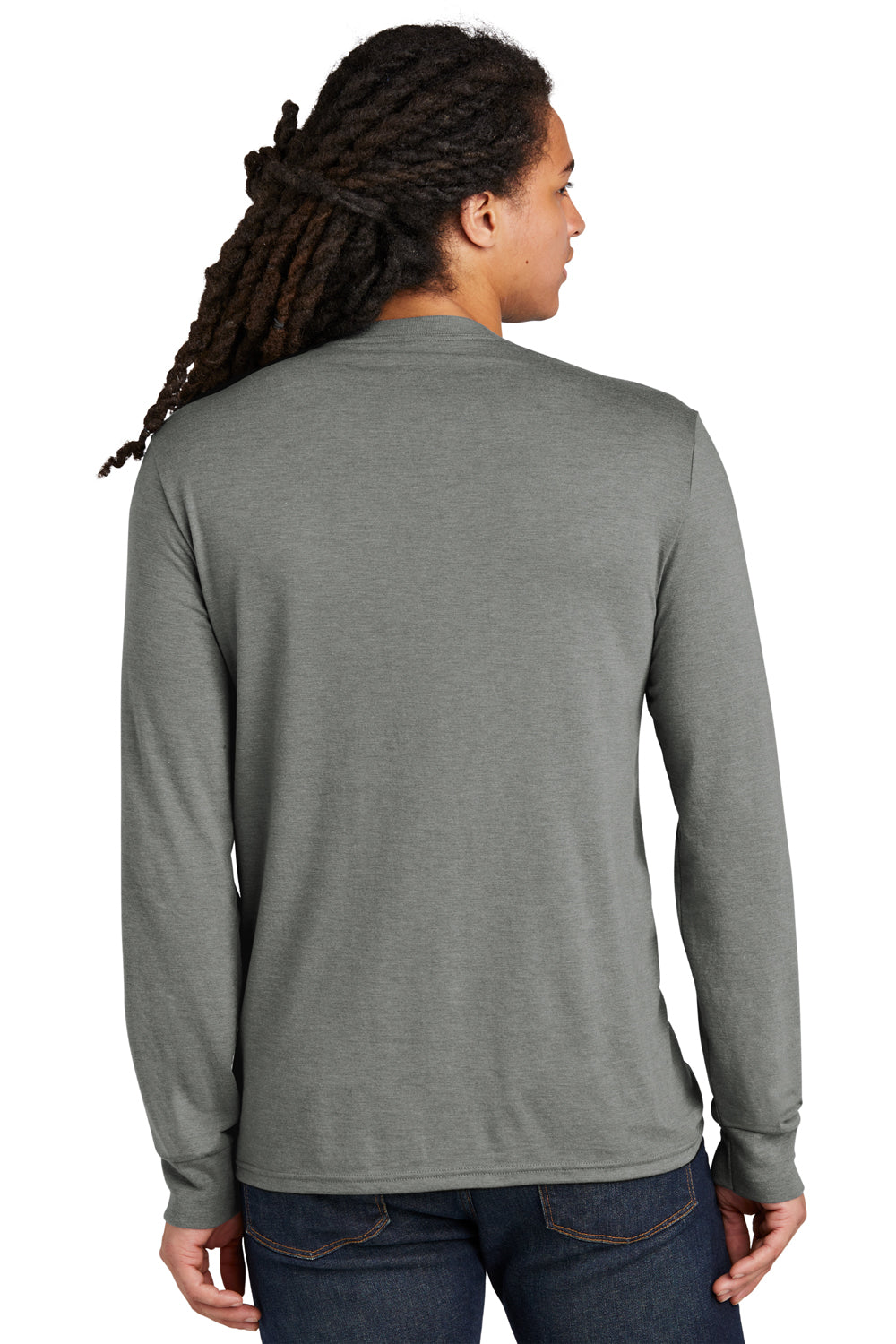 District DM132 Mens Perfect Tri Long Sleeve Crewneck T-Shirt Heather Charcoal Grey Model Back