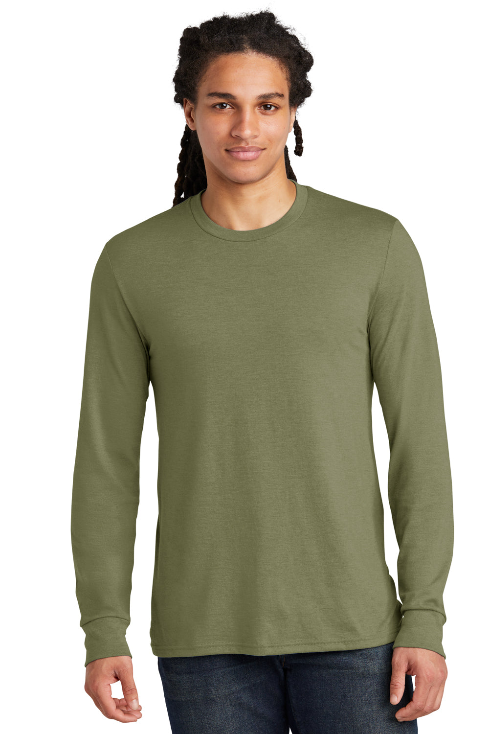 District DM132 Mens Perfect Tri Long Sleeve Crewneck T-Shirt Military Green Frost Model Front