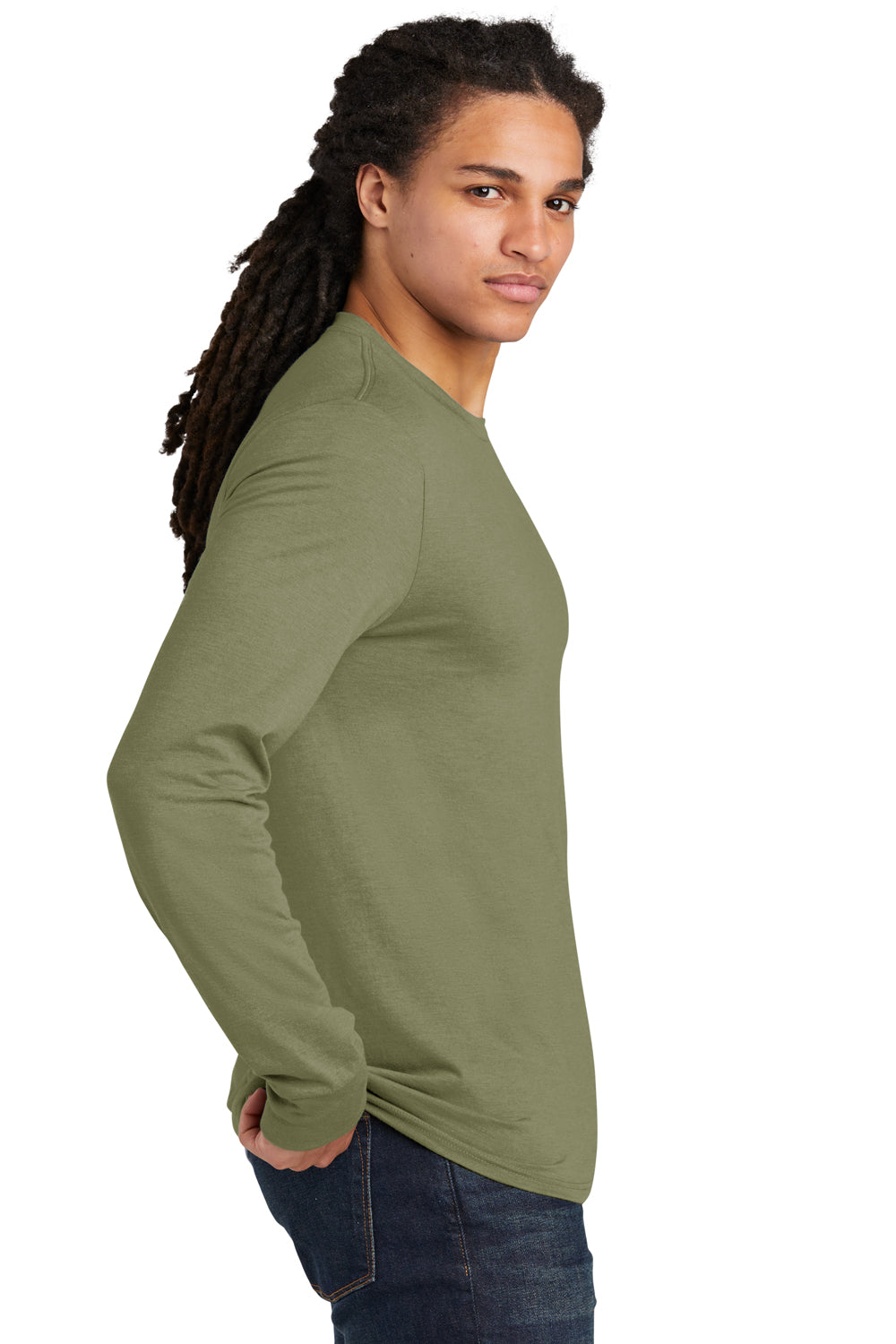 District DM132 Mens Perfect Tri Long Sleeve Crewneck T-Shirt Military Green Frost Model Side