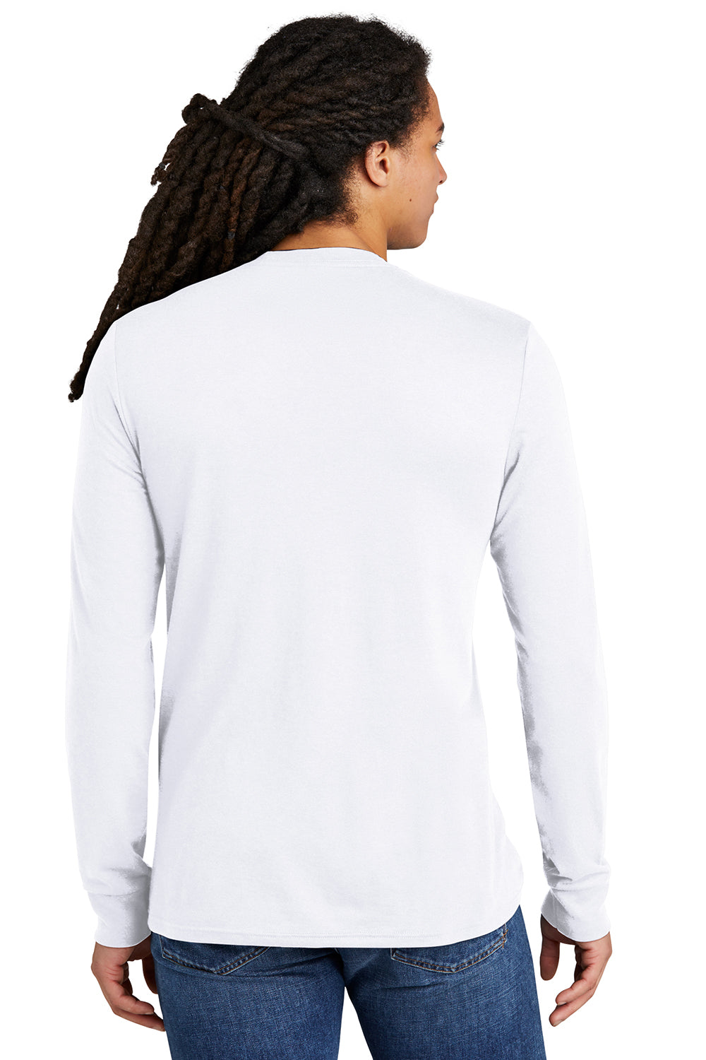 District DM132 Mens Perfect Tri Long Sleeve Crewneck T-Shirt White Model Back