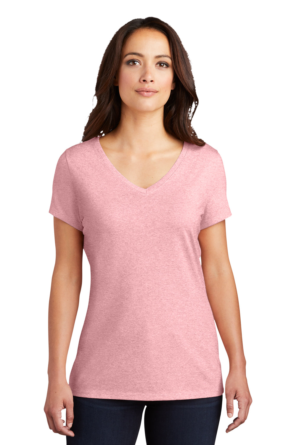 District DM1350L Womens Perfect Tri Short Sleeve V-Neck T-Shirt Heather Wisteria Pink Model Front