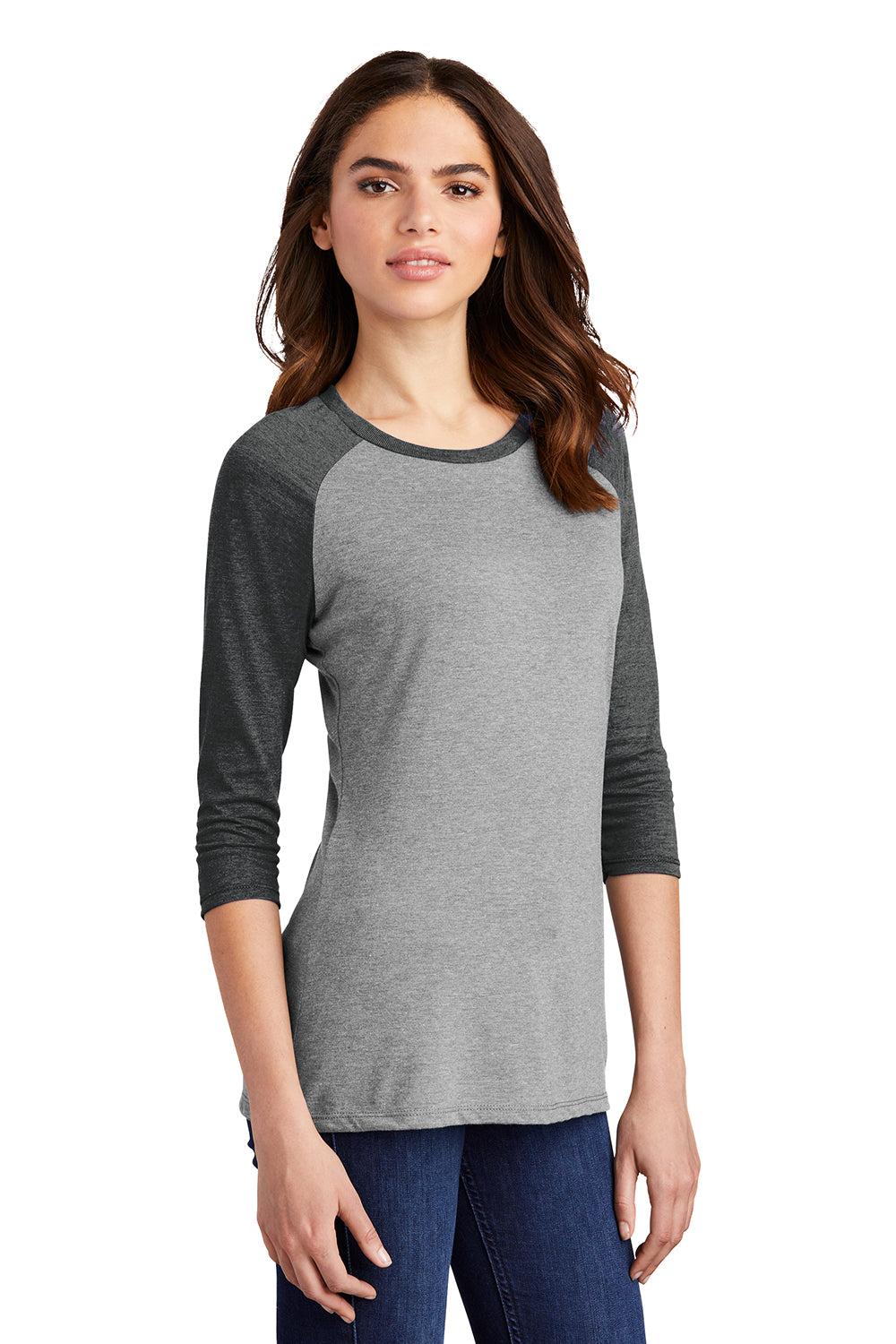 District DM136L Womens Perfect Tri 3/4 Sleeve Crewneck T-Shirt Grey Frost/Black Model 3q