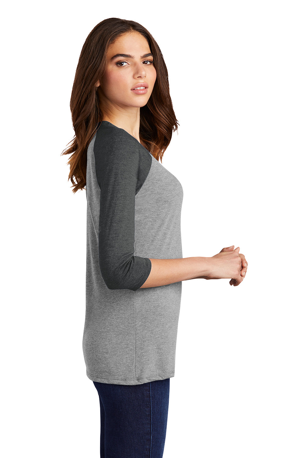 District DM136L Womens Perfect Tri 3/4 Sleeve Crewneck T-Shirt Grey Frost/Black Model Side