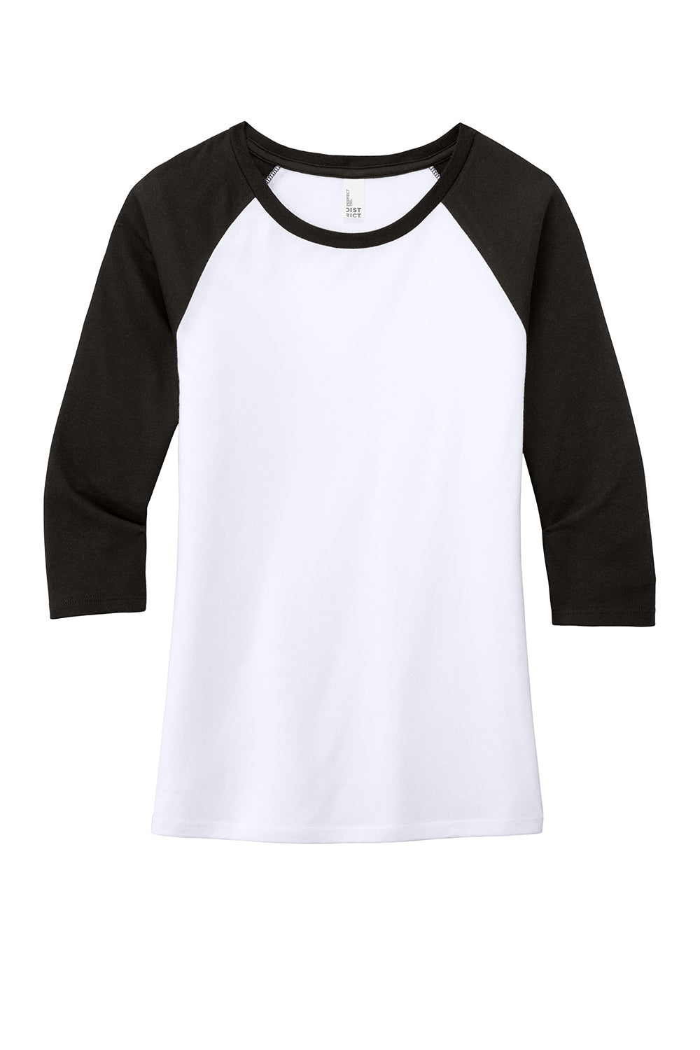 District DM136L Womens Perfect Tri 3/4 Sleeve Crewneck T-Shirt White/Black Flat Front