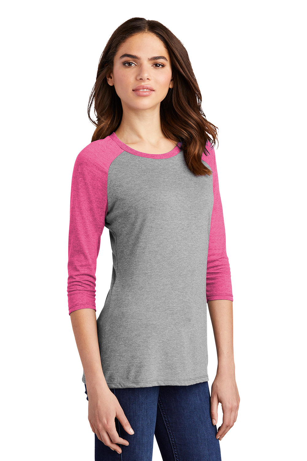 District DM136L Womens Perfect Tri 3/4 Sleeve Crewneck T-Shirt Grey Frost/Fuchsia Pink Model 3q