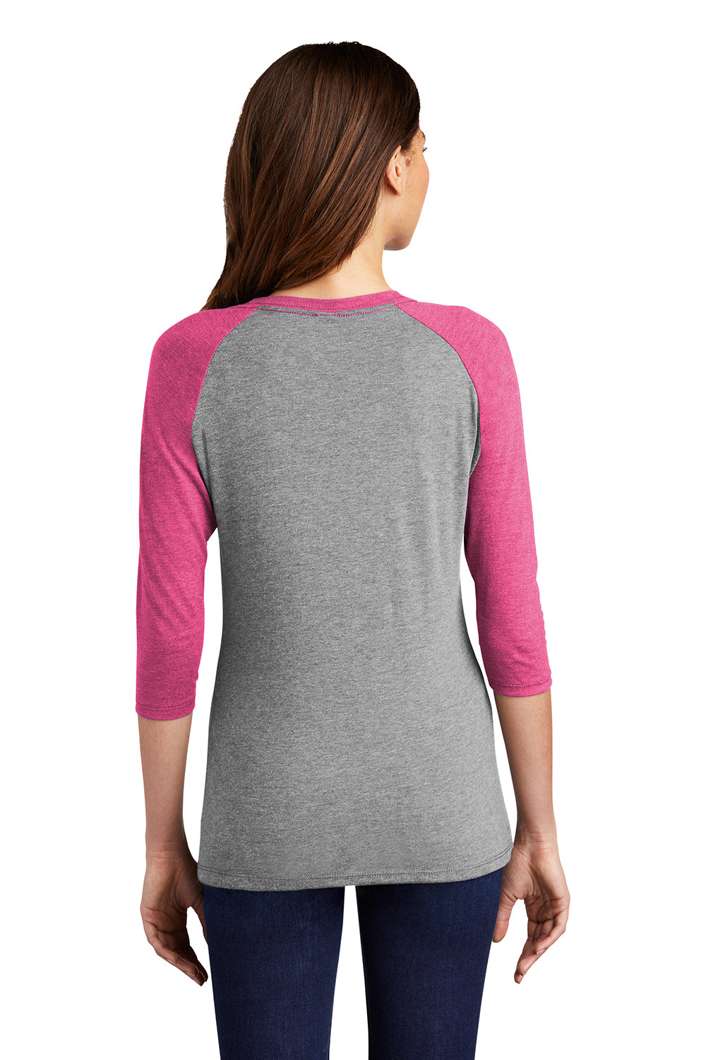 District DM136L Womens Perfect Tri 3/4 Sleeve Crewneck T-Shirt Grey Frost/Fuchsia Pink Model Back