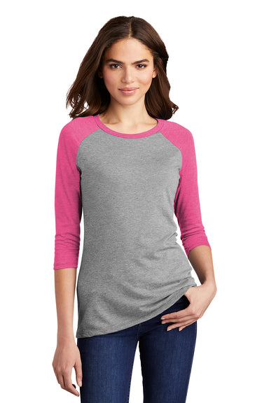 District DM136L Womens Perfect Tri 3/4 Sleeve Crewneck T-Shirt Grey Frost/Fuchsia Pink Model Front