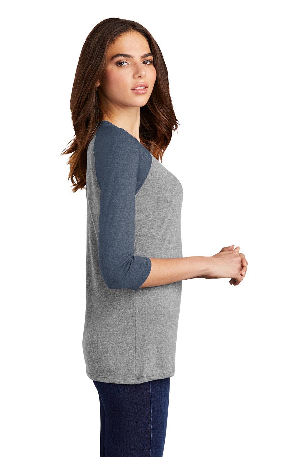 District DM136L Womens Perfect Tri 3/4 Sleeve Crewneck T-Shirt Grey Frost/Navy Blue Model Side