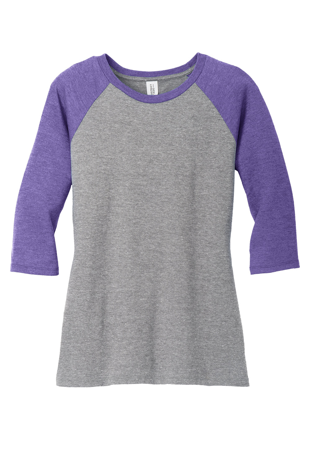 District DM136L Womens Perfect Tri 3/4 Sleeve Crewneck T-Shirt Grey Frost/Purple Flat Front