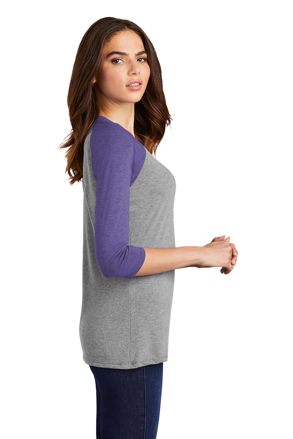 District DM136L Womens Perfect Tri 3/4 Sleeve Crewneck T-Shirt Grey Frost/Purple Model Side