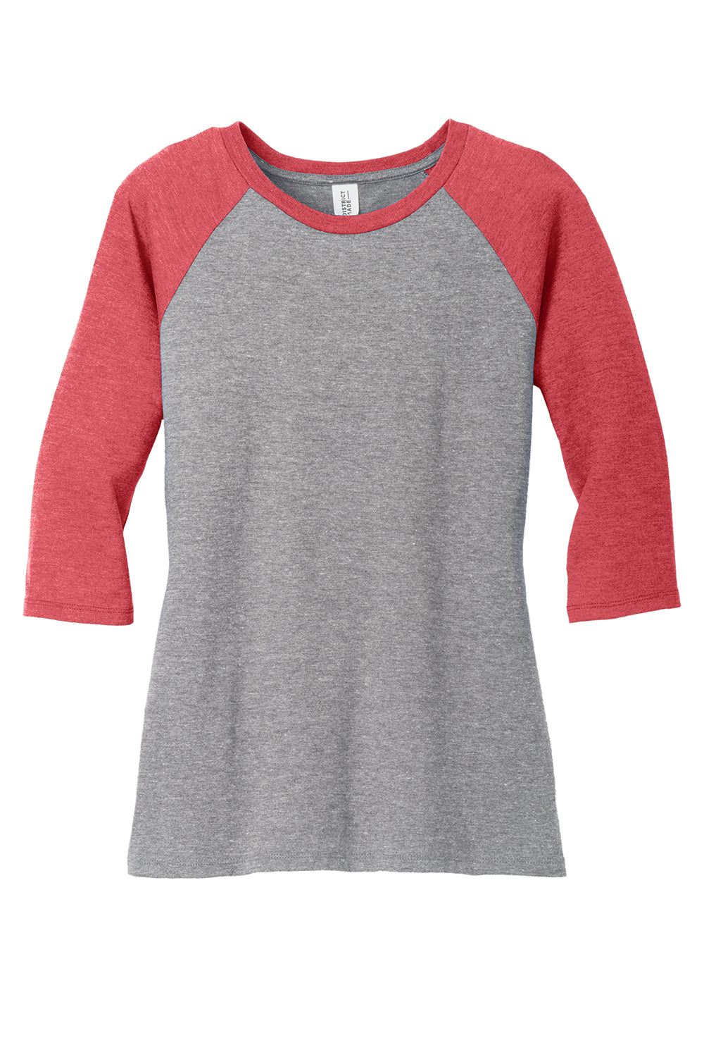 District DM136L Womens Perfect Tri 3/4 Sleeve Crewneck T-Shirt Grey Frost/Red Flat Front