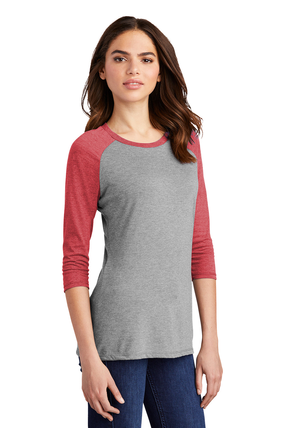 District DM136L Womens Perfect Tri 3/4 Sleeve Crewneck T-Shirt Grey Frost/Red Model 3q