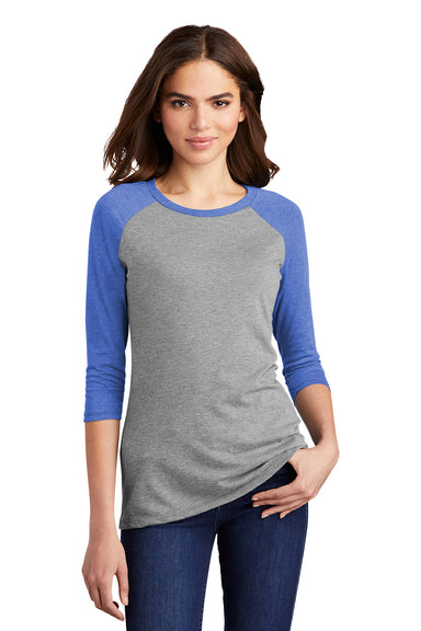 District DM136L Womens Perfect Tri 3/4 Sleeve Crewneck T-Shirt Grey Frost/Royal Blue Model Front