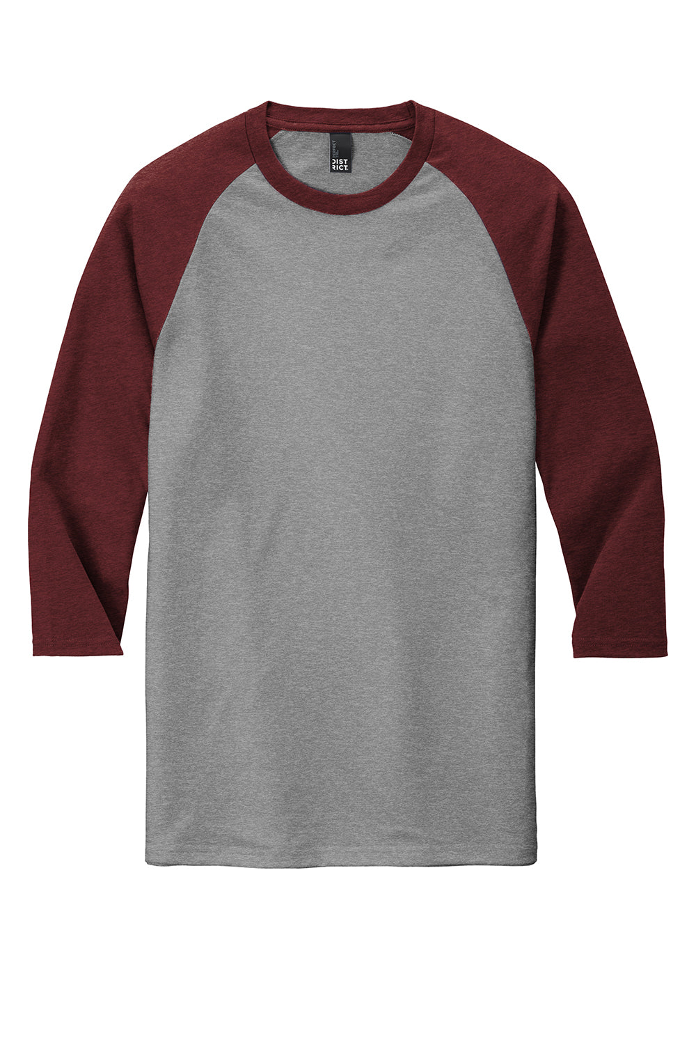 District DM136 Mens Perfect Tri 3/4 Sleeve Crewneck T-Shirt Grey Frost/Maroon Frost Flat Front