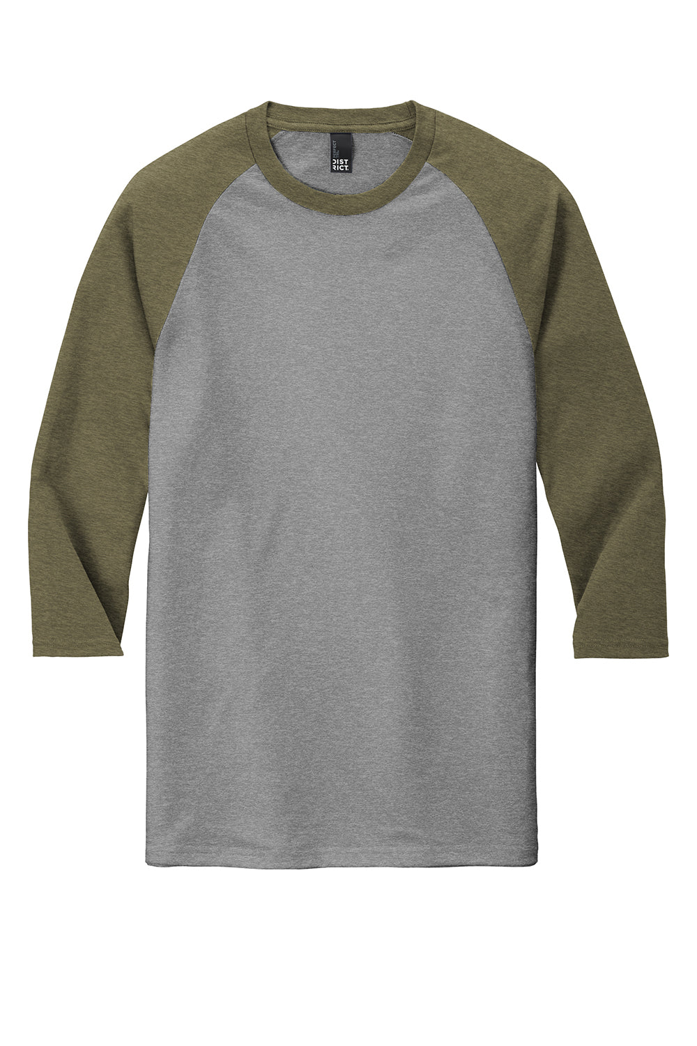 District DM136 Mens Perfect Tri 3/4 Sleeve Crewneck T-Shirt Grey Frost/Military Green Frost Flat Front