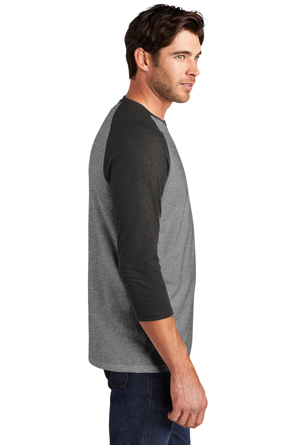 District DM136 Mens Perfect Tri 3/4 Sleeve Crewneck T-Shirt Grey Frost/Black Model Side