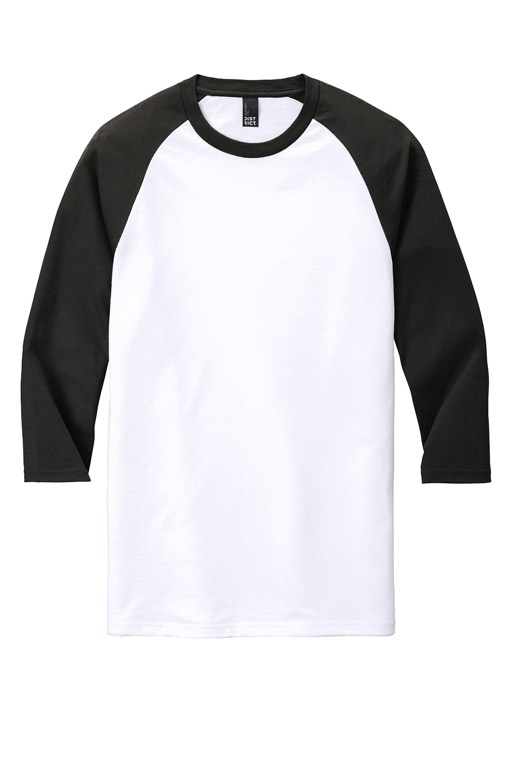 District DM136 Mens Perfect Tri 3/4 Sleeve Crewneck T-Shirt White/Black Flat Front