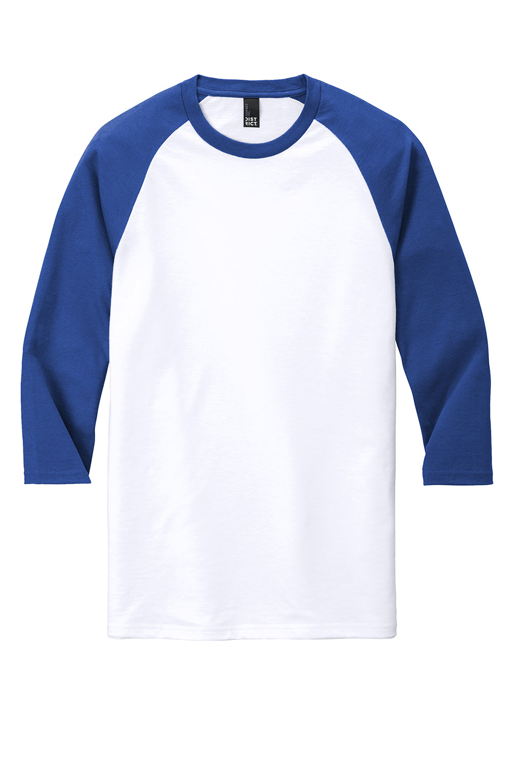 District DM136 Mens Perfect Tri 3/4 Sleeve Crewneck T-Shirt White/Deep Royal Blue Flat Front