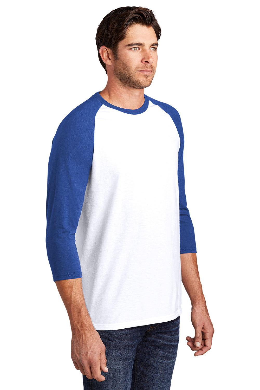 District DM136 Mens Perfect Tri 3/4 Sleeve Crewneck T-Shirt White/Deep Royal Blue Model 3q