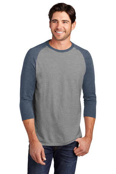 District DM136 Mens Perfect Tri 3/4 Sleeve Crewneck T-Shirt Grey Frost/Navy Blue Model Front