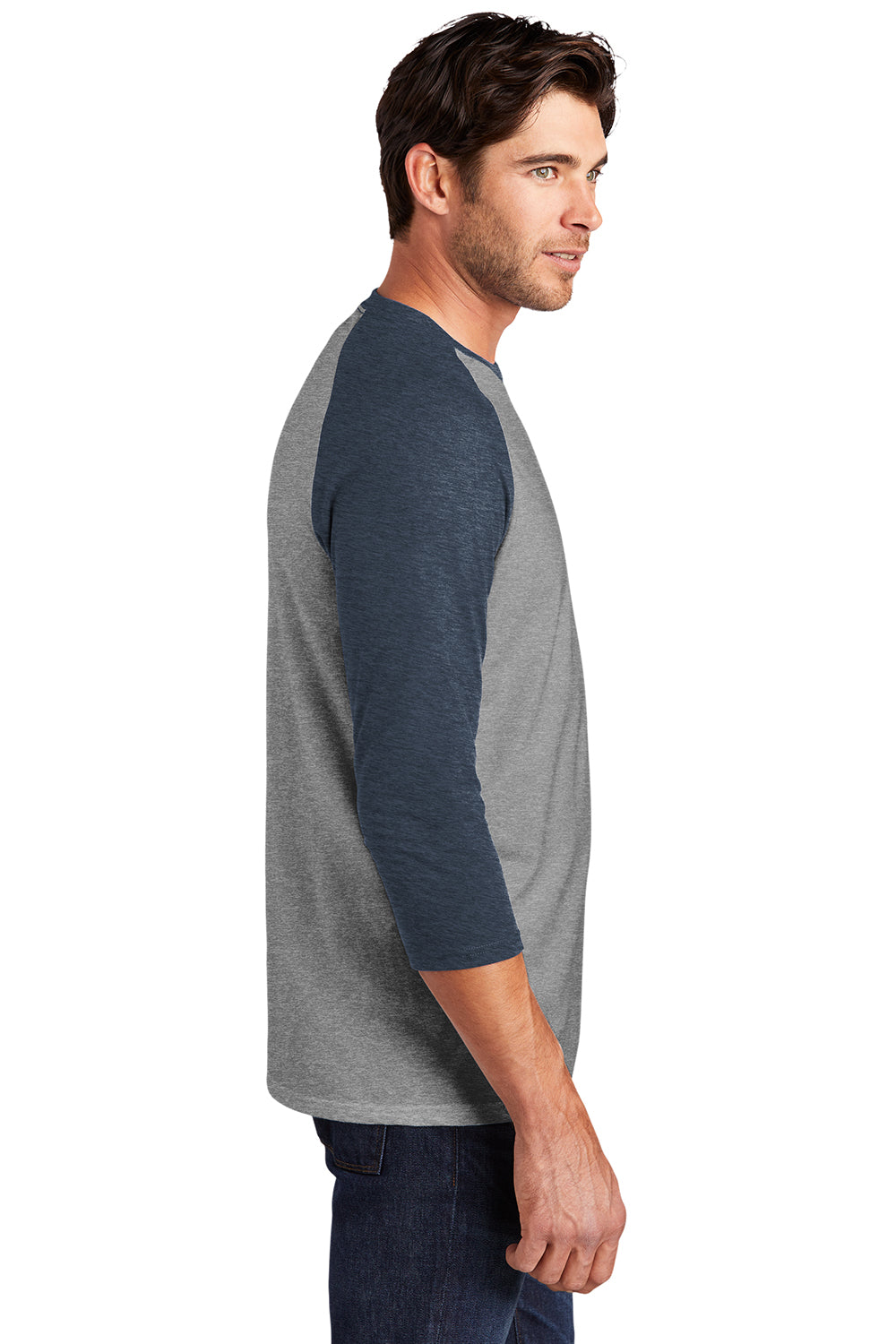 District DM136 Mens Perfect Tri 3/4 Sleeve Crewneck T-Shirt Grey Frost/Navy Blue Model Side