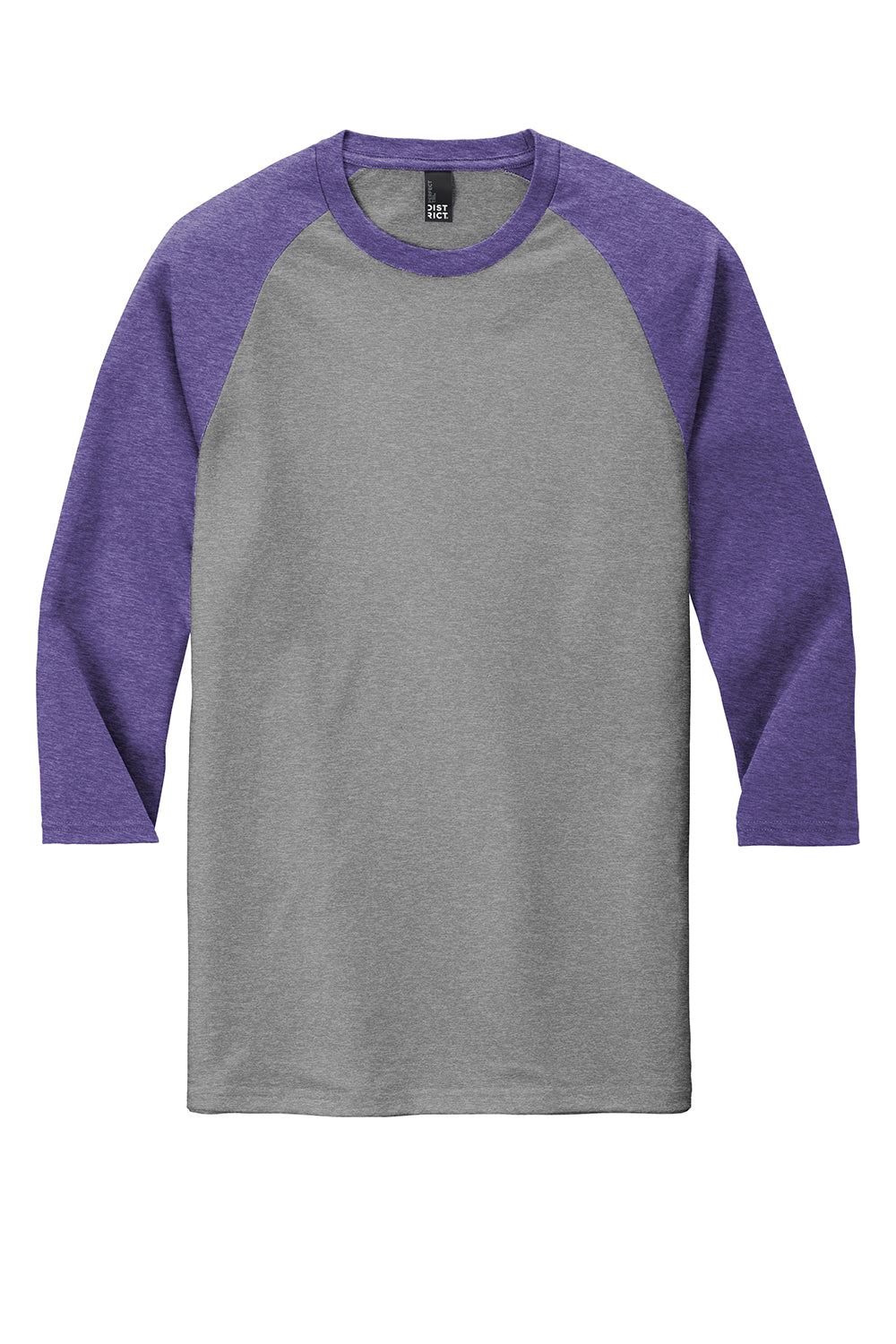 District DM136 Mens Perfect Tri 3/4 Sleeve Crewneck T-Shirt Grey Frost/Purple Flat Front