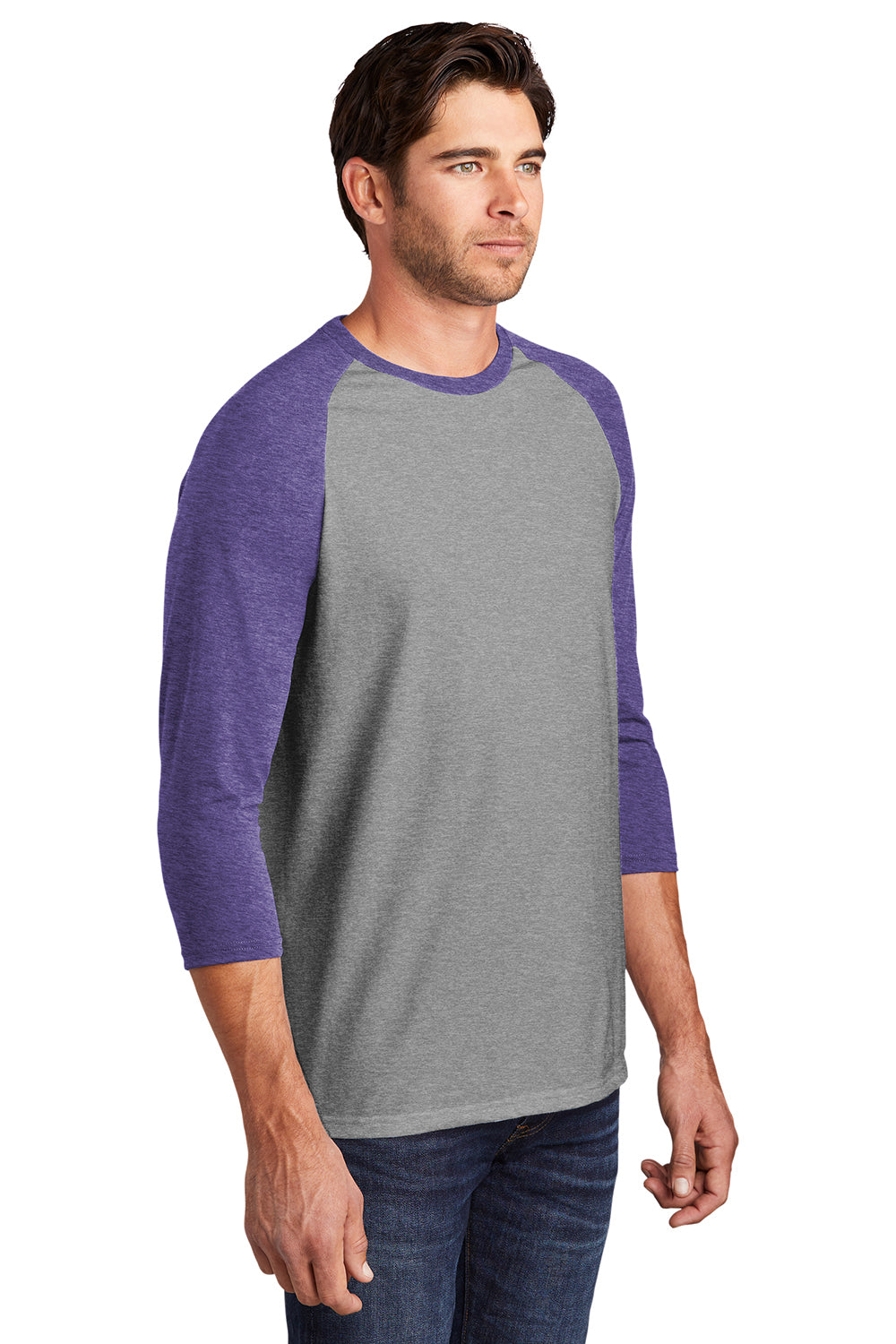 District DM136 Mens Perfect Tri 3/4 Sleeve Crewneck T-Shirt Grey Frost/Purple Model 3q