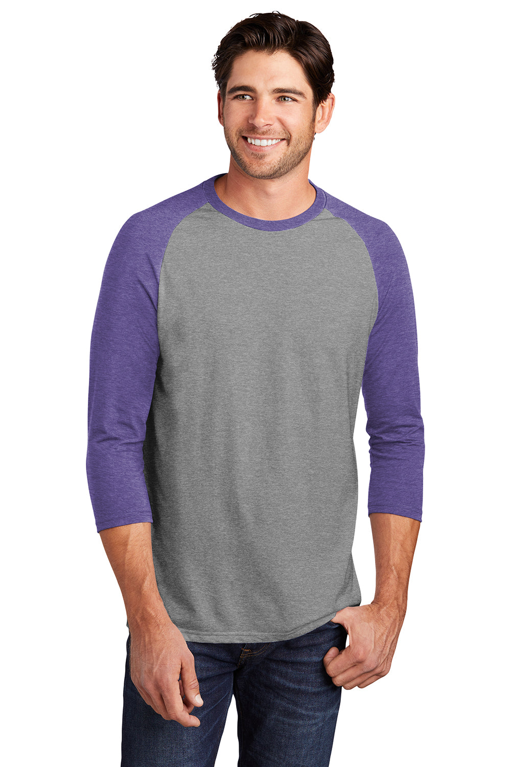 District DM136 Mens Perfect Tri 3/4 Sleeve Crewneck T-Shirt Grey Frost/Purple Model Front