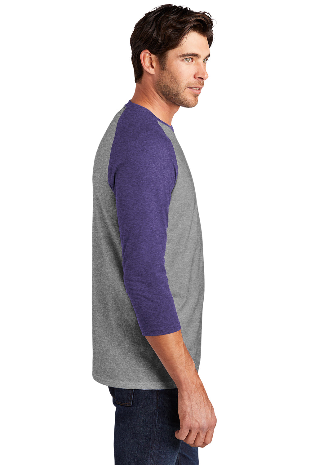 District DM136 Mens Perfect Tri 3/4 Sleeve Crewneck T-Shirt Grey Frost/Purple Model Side